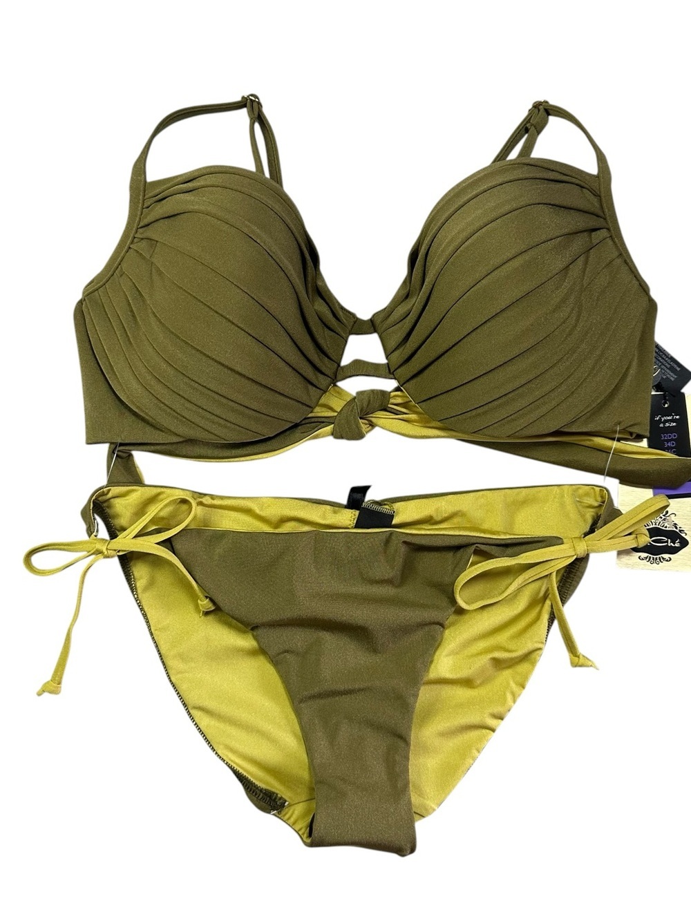 A. Che Olive is Green 2-Piece Bikini 38B 36C 34D 32DD Small Bottom NWT
